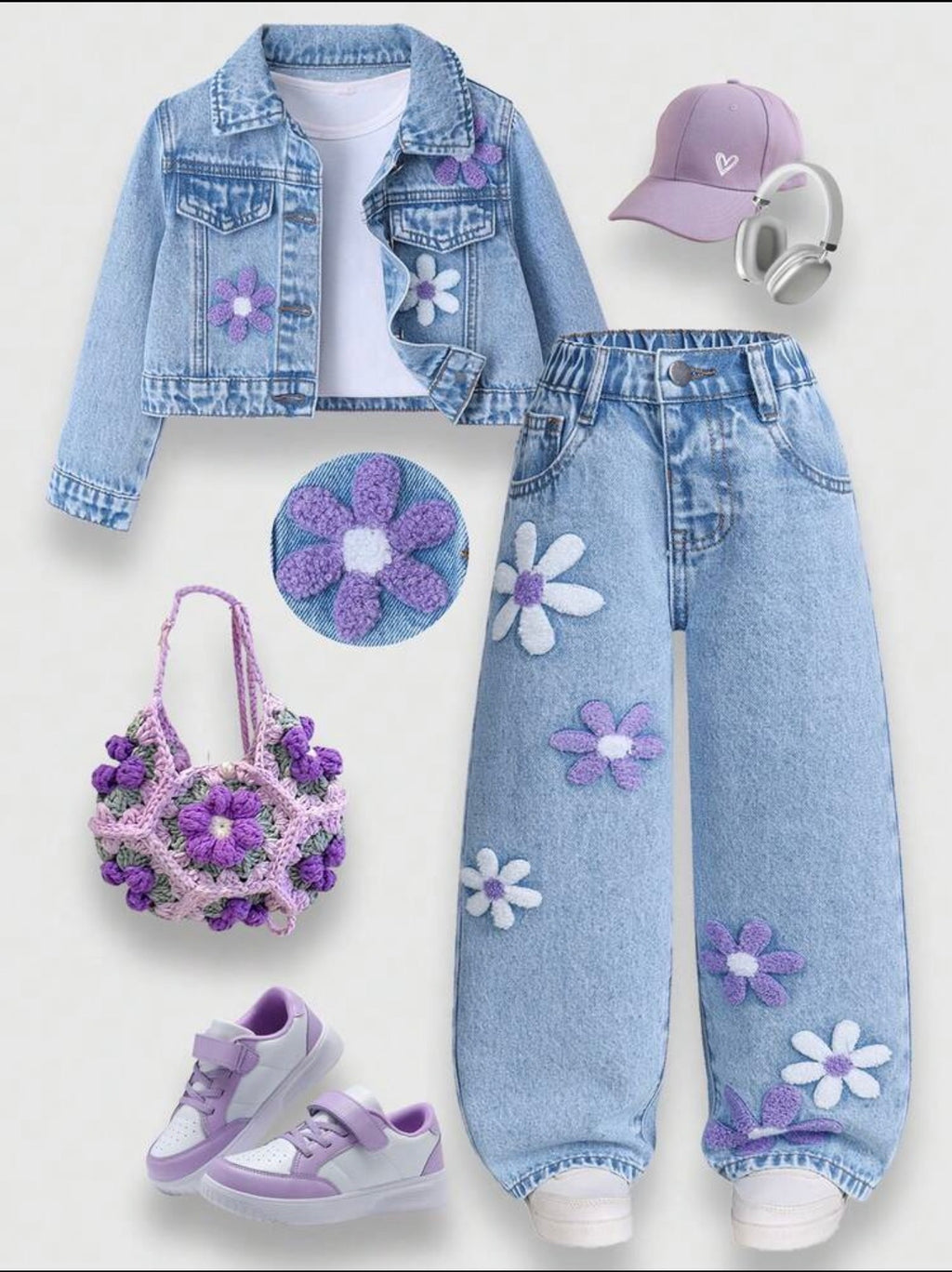 Pearl-Decorated Denim Jacket & Pants Set