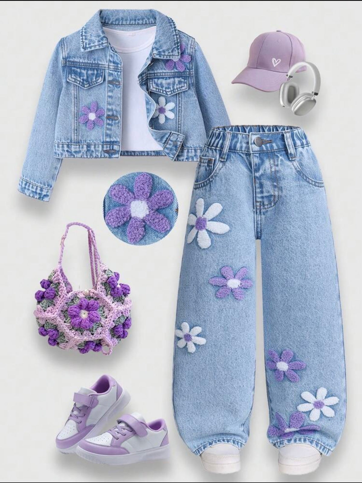 Pearl-Decorated Denim Jacket & Pants Set