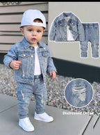 2pcs Baby/Toddler Boys Distressed Urban Street Black Denim Ripped Frayed Jacket And Elastic Skinny Pants Jeans Set Fall Winter,For Boys Fall/Winter Dailywear Outfits,Boys Streetwear Outfits,Boys Christmas Outfits,Boys New Year Outfit,,Stylish Clothi
