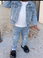 2pcs Baby/Toddler Boys Distressed Urban Street Black Denim Ripped Frayed Jacket And Elastic Skinny Pants Jeans Set Fall Winter,For Boys Fall/Winter Dailywear Outfits,Boys Streetwear Outfits,Boys Christmas Outfits,Boys New Year Outfit,,Stylish Clothi
