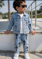 2pcs Baby/Toddler Boys Distressed Urban Street Black Denim Ripped Frayed Jacket And Elastic Skinny Pants Jeans Set Fall Winter,For Boys Fall/Winter Dailywear Outfits,Boys Streetwear Outfits,Boys Christmas Outfits,Boys New Year Outfit,,Stylish Clothi