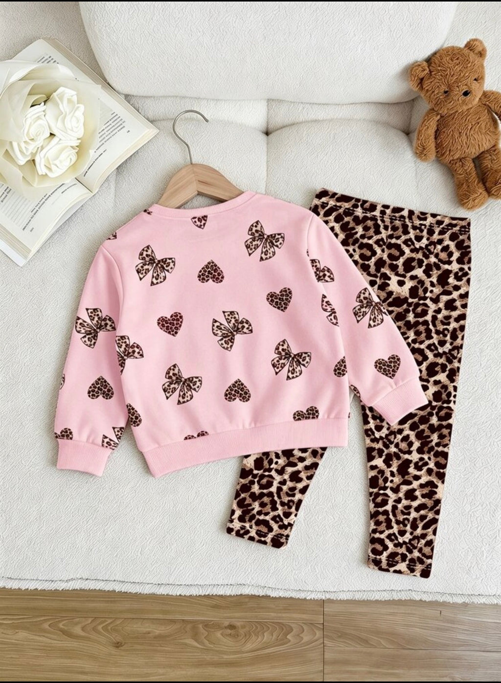 Leopard Bow & Heart Thermal Baby Girl Outfit Set